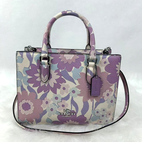 COACH Maggie Small Tote Bag Crossbody Floral Print In Leather Ivory/Purple CBM08 - Picture 1 of 11